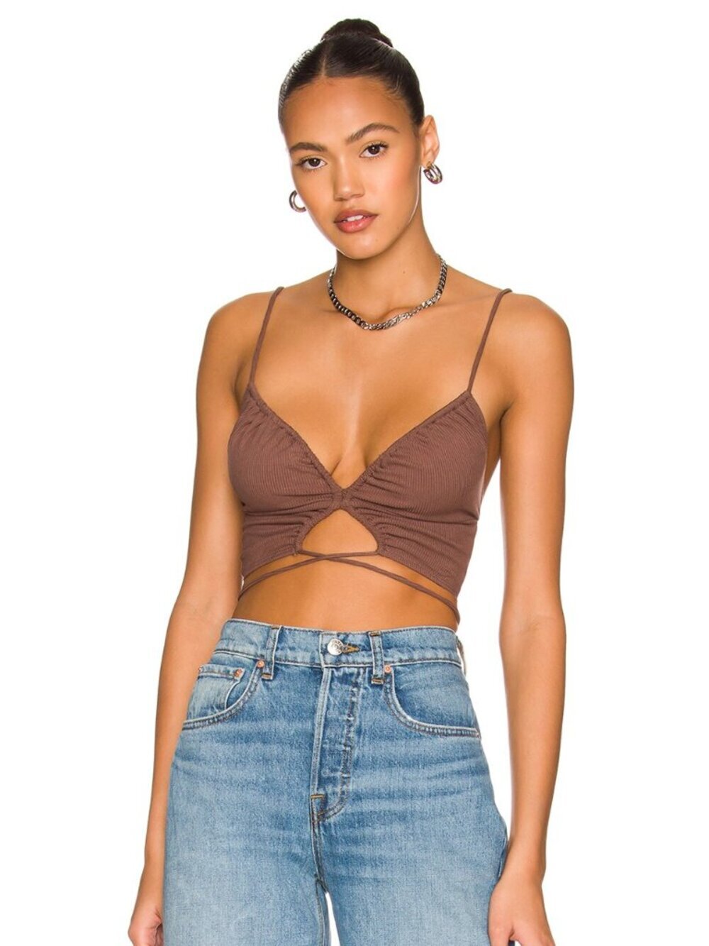 SUPERDOWN D Daliah Brown Ribbed Jersey Ruched Cropped Cami Wrap Tank Top, Size S